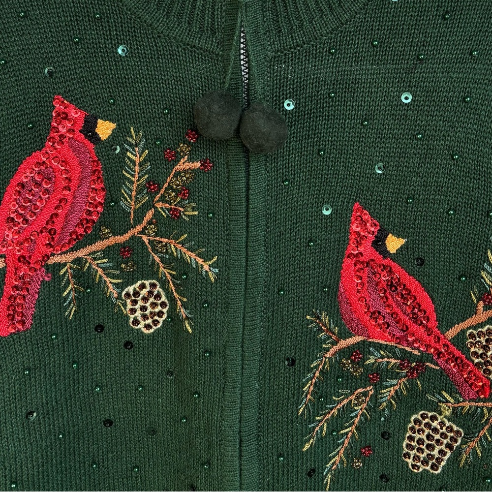 VTG Cardinal Winter Holiday Christmas Sweater Zip-up Cardigan Beaded Sequins Med - Picture 4 of 14
